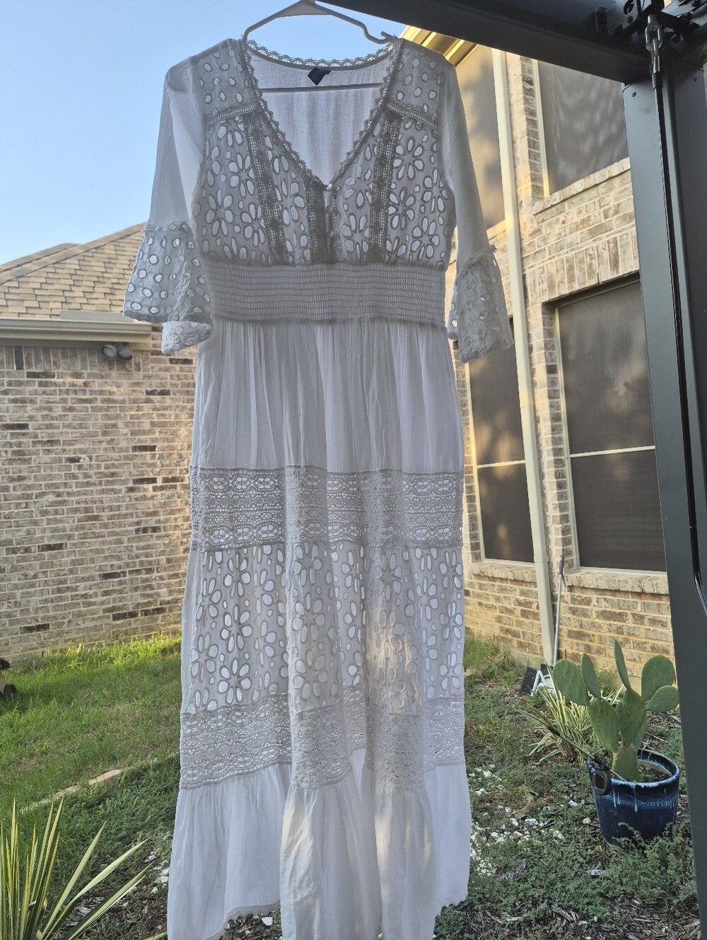 Boho White Lace Maxi Dress with Smocked Waist